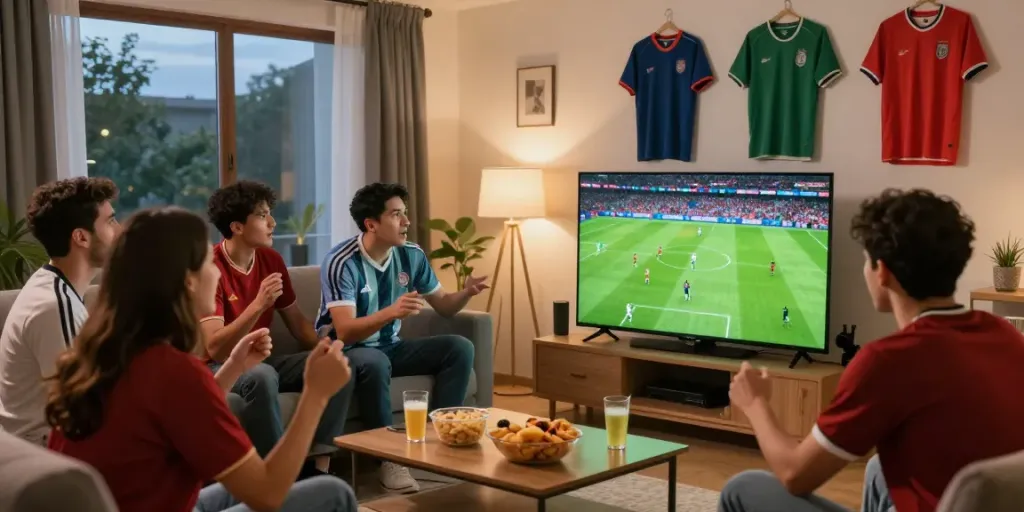Fans enjoying live sports on https://xoilactvlive.net/ in a cozy living room.