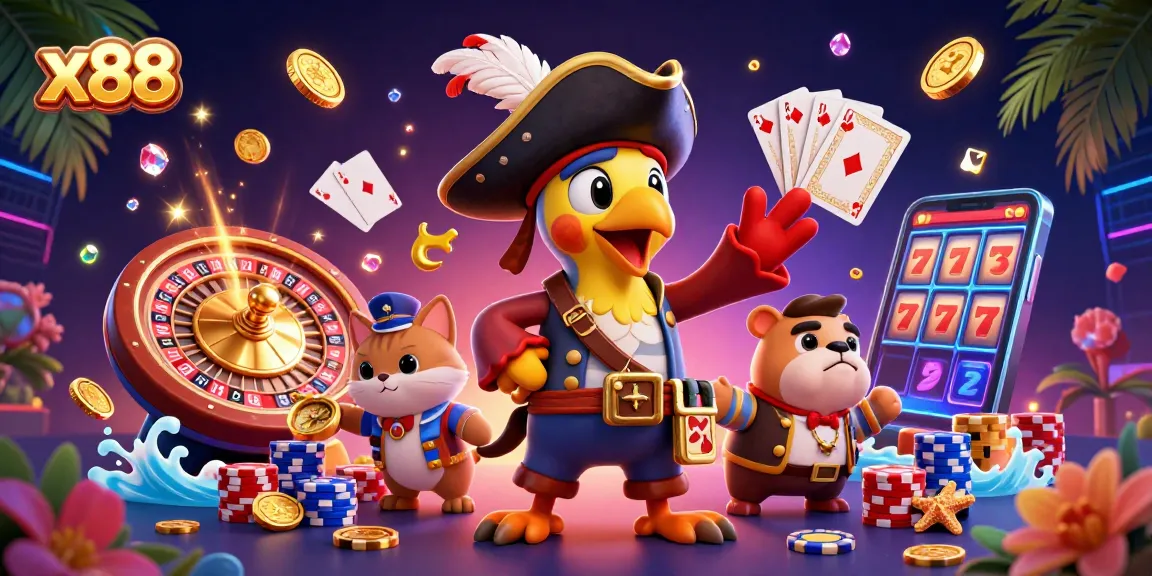 x88 players enjoying thrilling games with a pirate captain and companions in a vibrant casino scene.