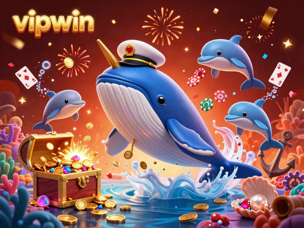 Engage at vipwin with a vibrant 3D scene featuring a captain whale and playful dolphins in a rich casino setting.