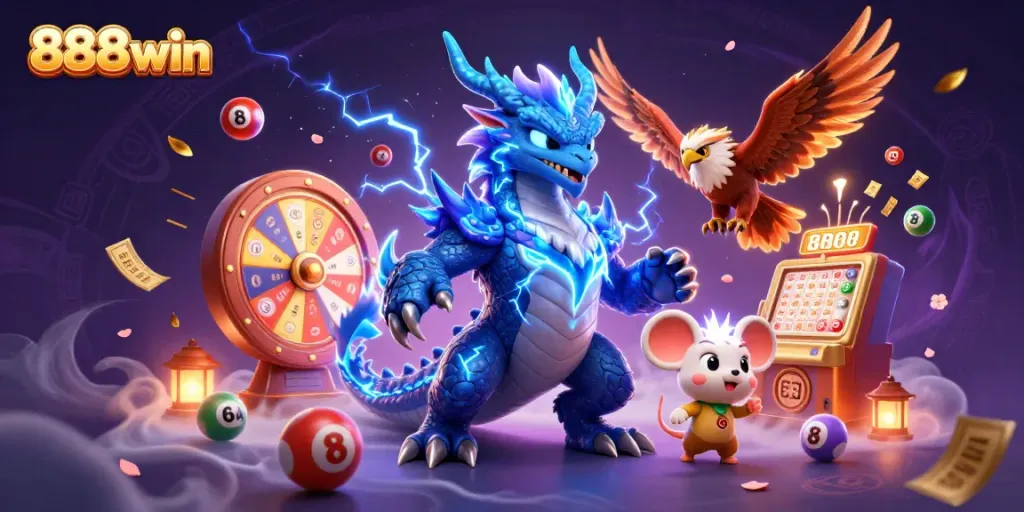 Experience thrilling wins at 888win with an exciting casino-themed illustration featuring vibrant games.