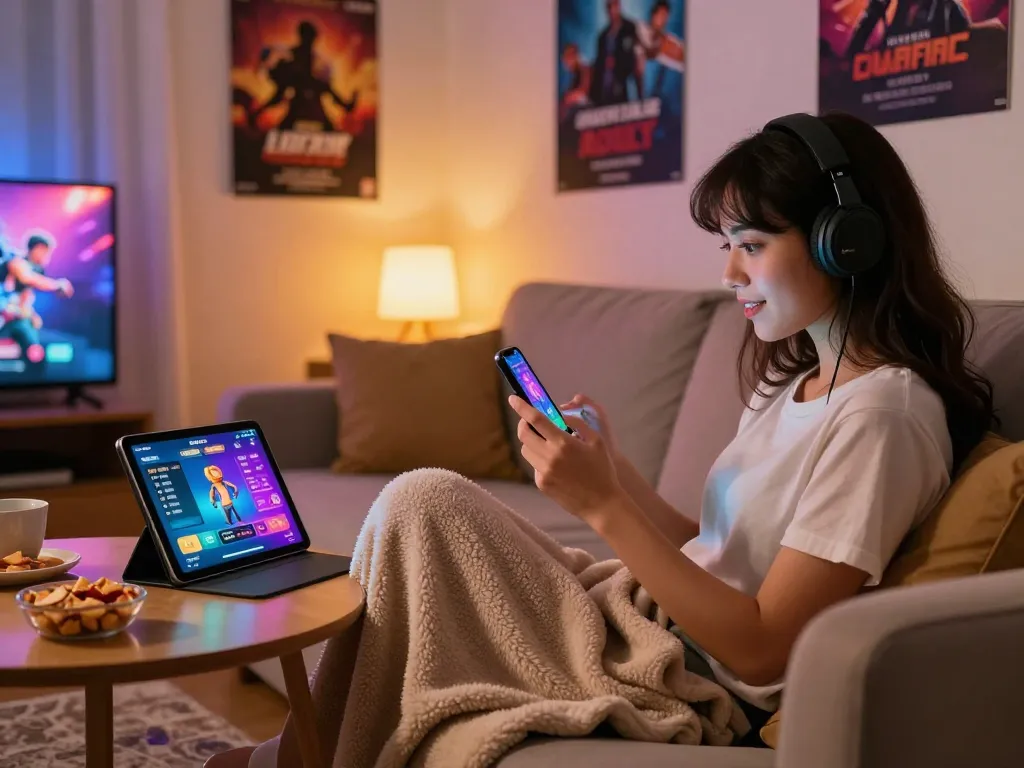 Engaged player enjoying a mobile porn game on her smartphone in a cozy living room.