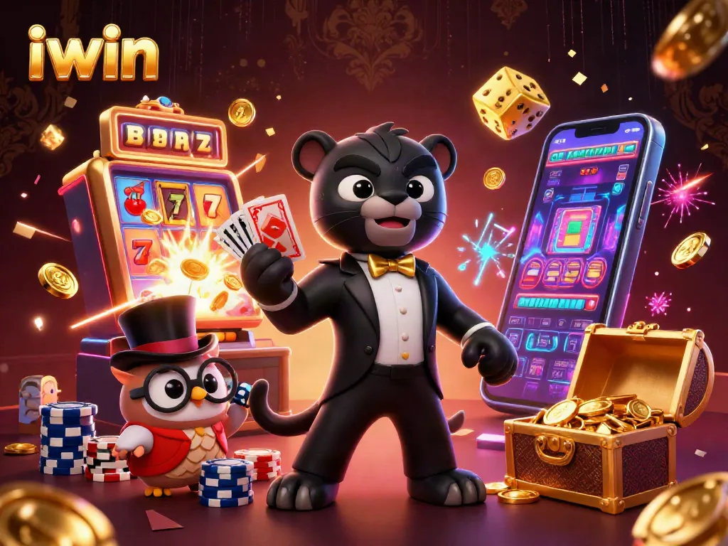 Join the excitement with iwin, as the panther deals cards in a dazzling casino scene.