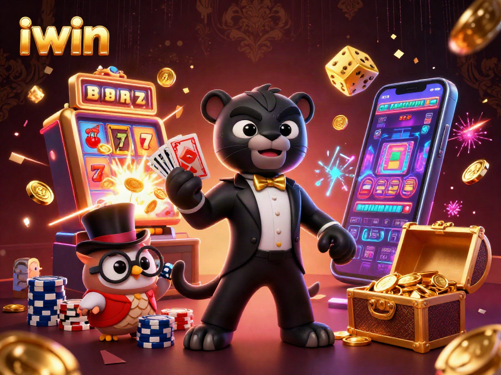 Join the excitement with iwin, as the panther deals cards in a dazzling casino scene.