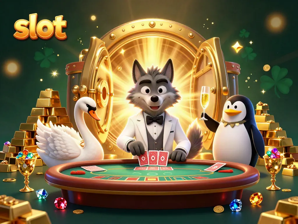 Experience thrilling slot action with the debonair wolf and friends in a vibrant casino scene.