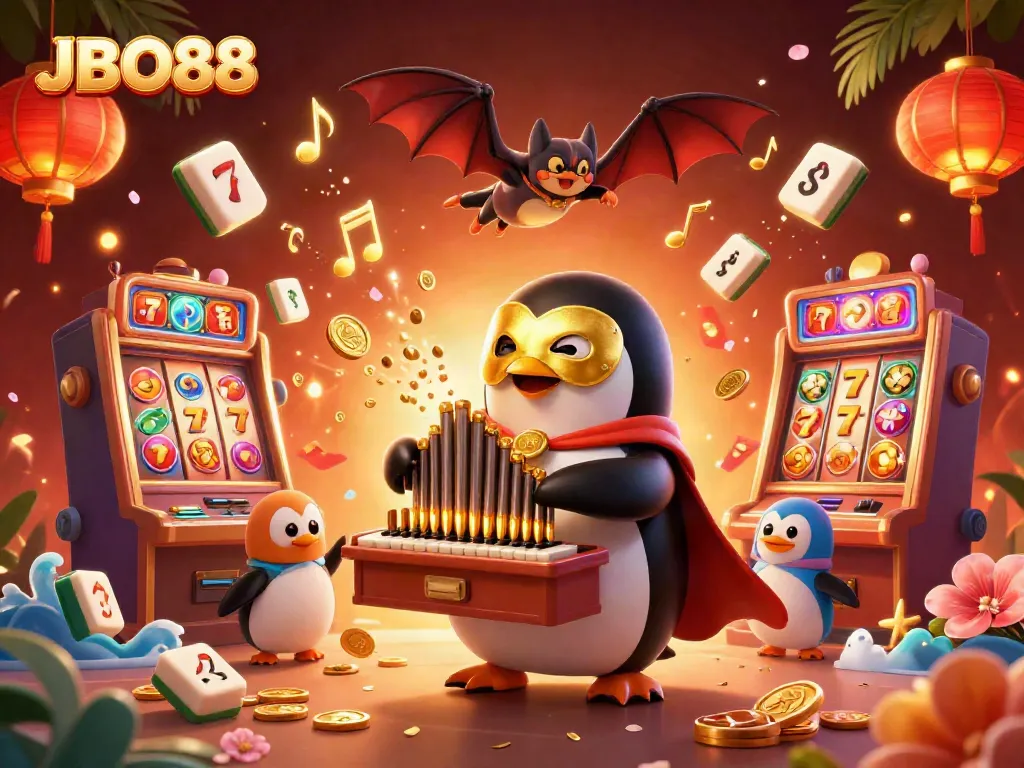 Experience excitement with JBO88 as a phantom penguin brings slots to life in an energetic casino scene.
