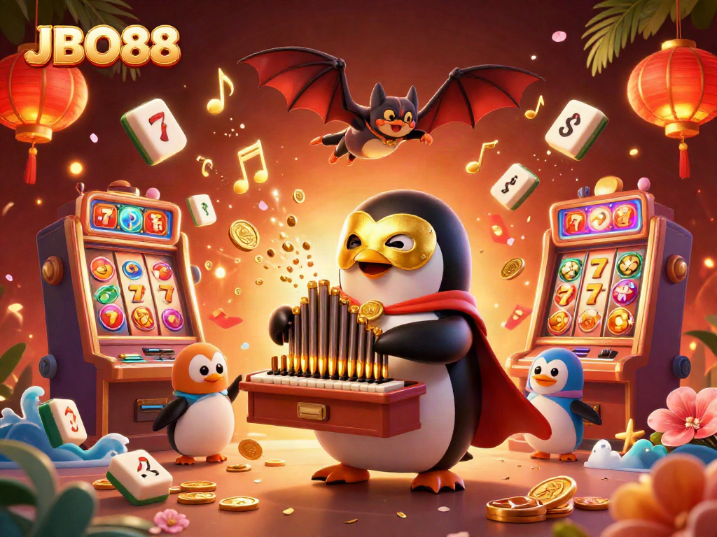 Experience excitement with JBO88 as a phantom penguin brings slots to life in an energetic casino scene.