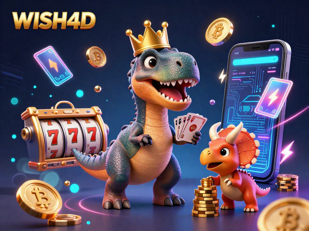 WISH4D showcases a humorous T-Rex shuffling cards with assistance in a vibrant casino scene.