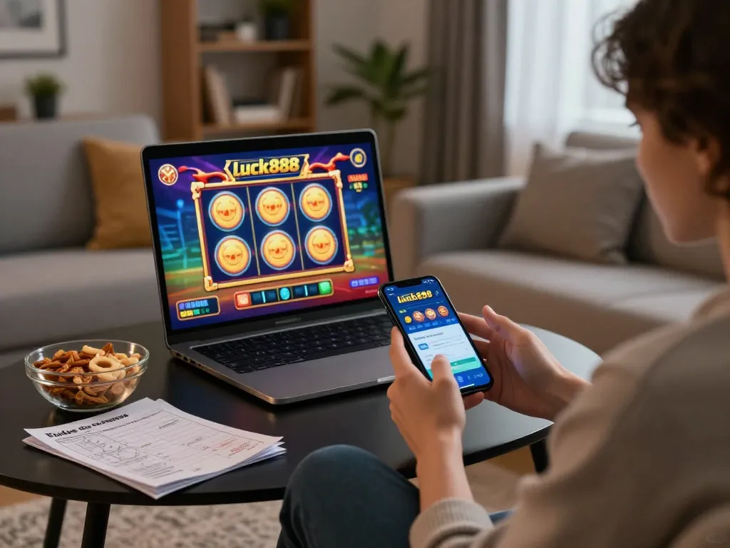 Player enjoying luck888 mobile casino app in a cozy home setting during evening hours