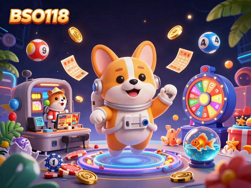 Engage with BSO118 in this vibrant floating space casino scene featuring coins and lottery balls.