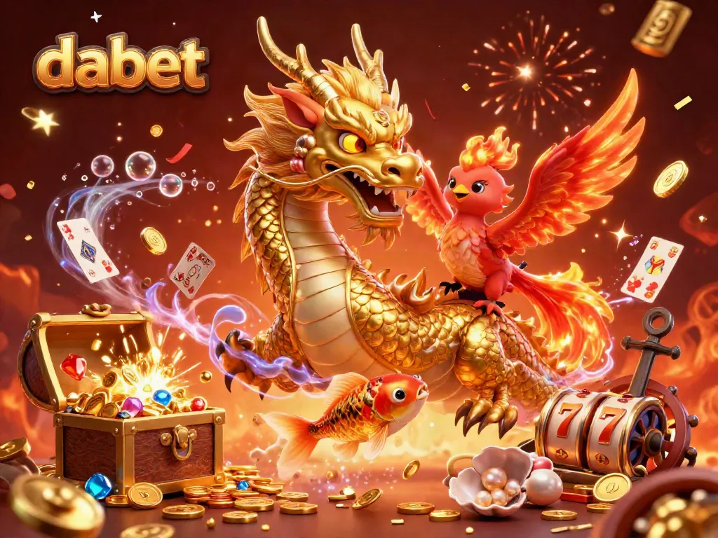 Dabet brings luck with a golden dragon, phoenix, and koi fish in a vibrant casino scene.
