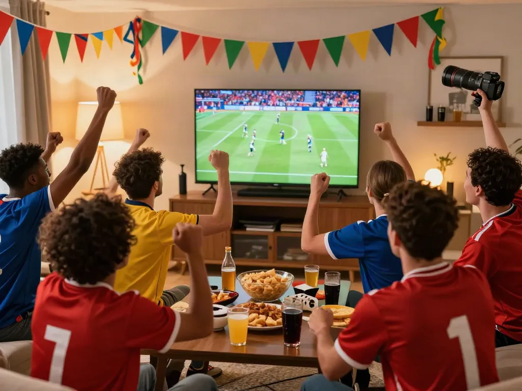 Excited fans celebrating football matches at home, highlighting https://cakhiatvvn.jpn.com/ for live sports streaming.