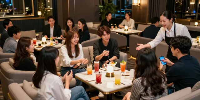 강남구구단 쩜오에서 친구들과 즐거운 시간을 보내는 모습, 고급스러운 인테리어와 환상적인 분위기를 강조한 이미지.
