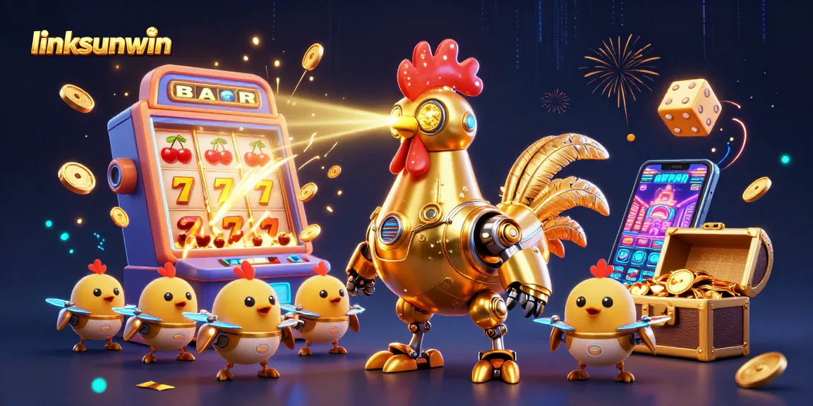 Engage with linksunwin's vibrant casino adventure featuring the golden rooster robot and gaming elements.