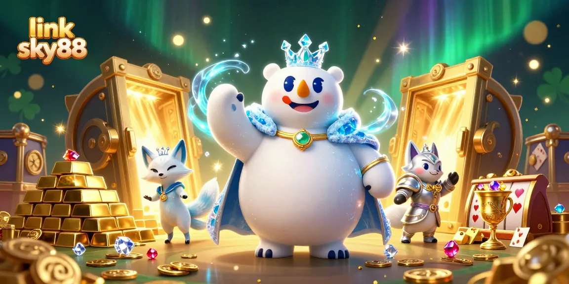 Engage in a thrilling casino world with link sky88 featuring a magical polar bear, wealth, and vibrant slot elements.