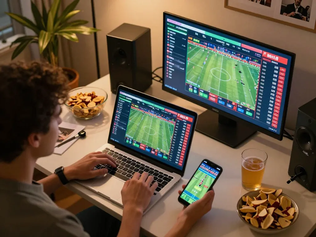 J188 players engaging in sports betting through laptops and smartphones for an immersive gaming experience.