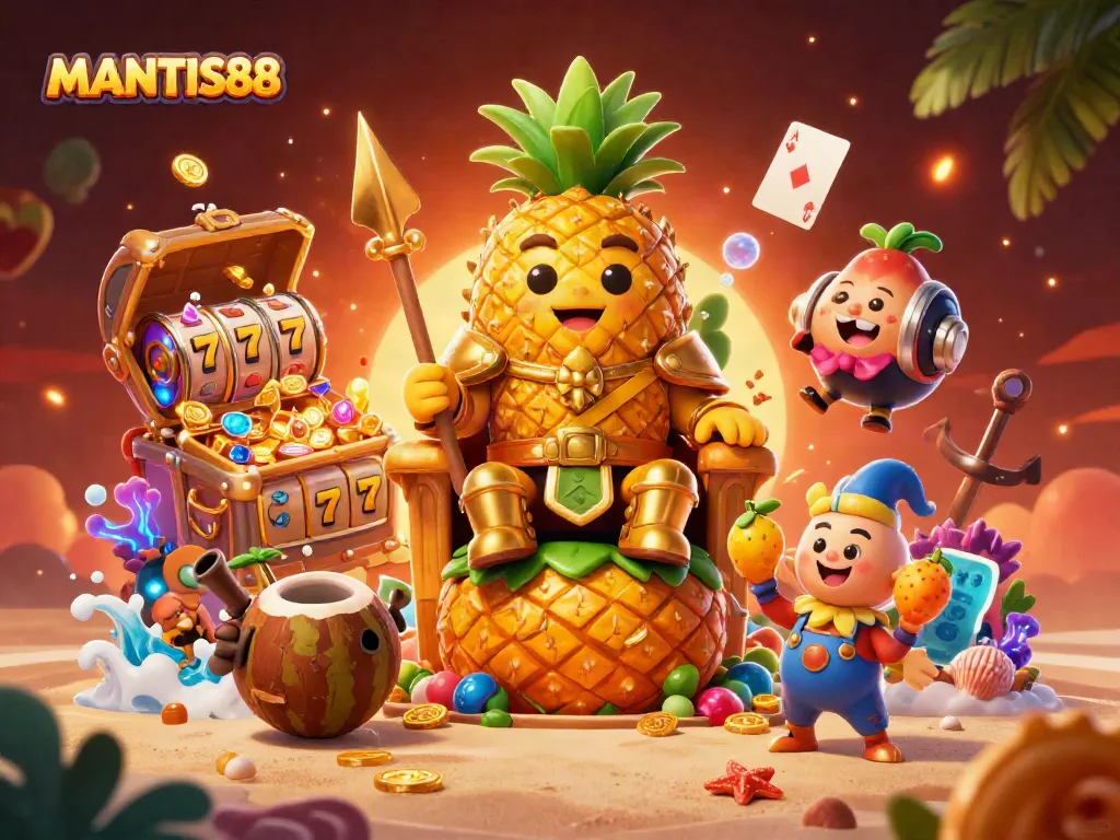 MANTIS88 jackpot adventure with a golden pineapple king surrounded by vibrant casino elements.