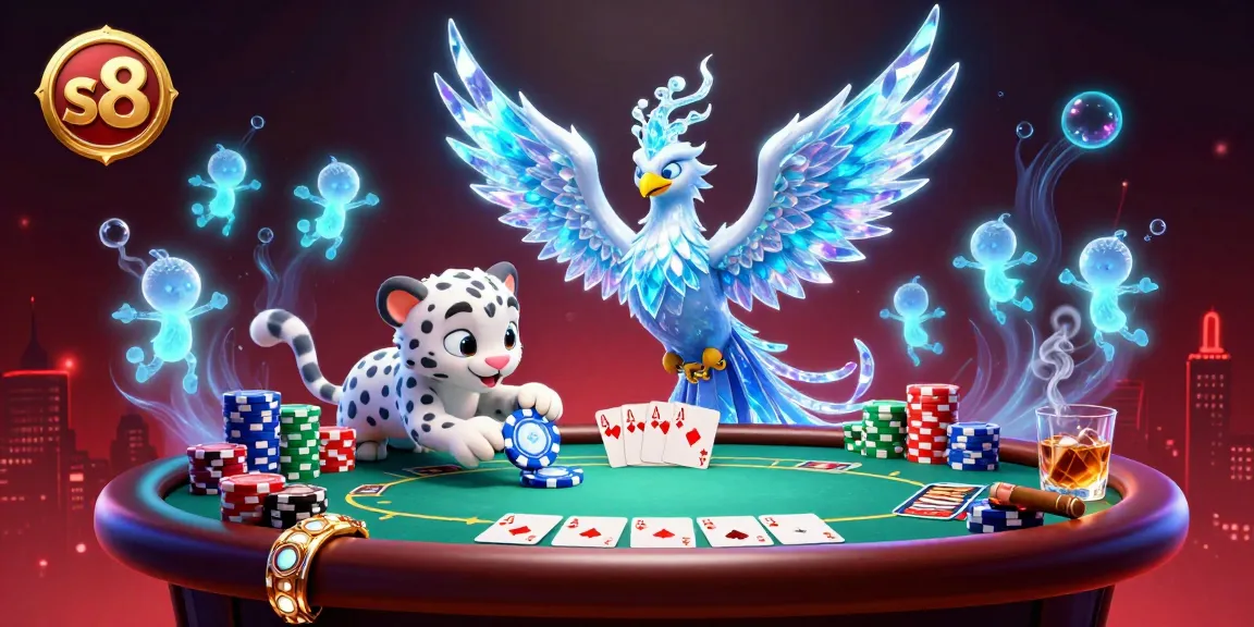 S8 captures exhilarating casino action with an ice phoenix and snow leopard cub amidst colorful poker elements.