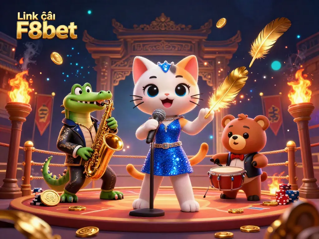 Engage with excitement at Link vào F8bet's dynamic casino stage featuring animated characters and gambling elements.