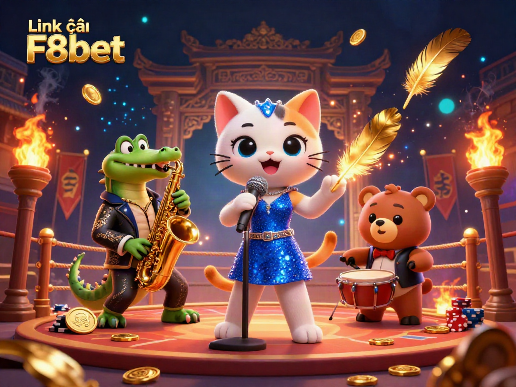 Engage with excitement at Link vào F8bet's dynamic casino stage featuring animated characters and gambling elements.