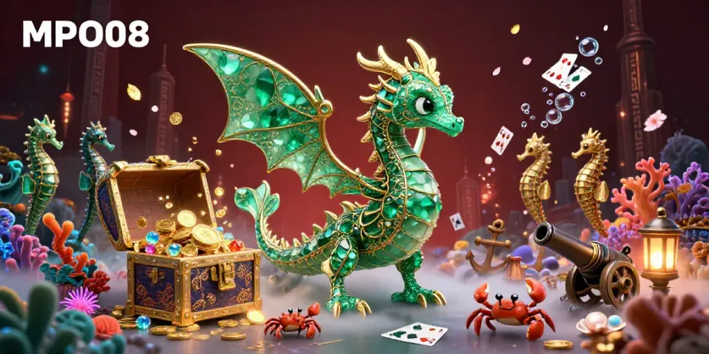 MPO08 showcases thrilling underwater gaming, featuring vibrant sea dragons and treasure chests of riches.