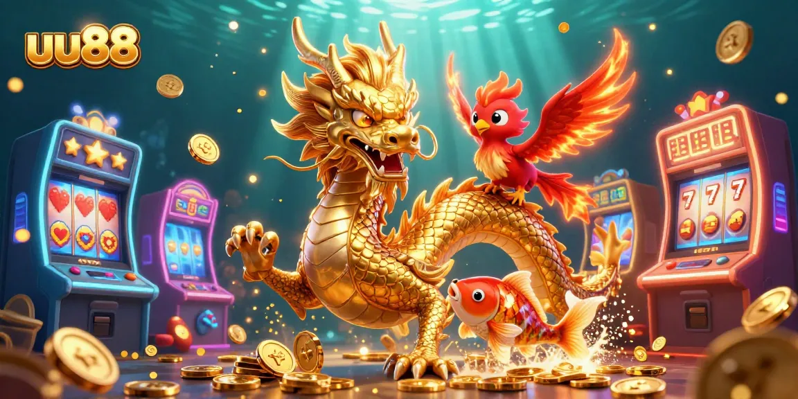 Experience the thrill of casino gaming with uu88, featuring a dragon, phoenix, and koi in vibrant action.