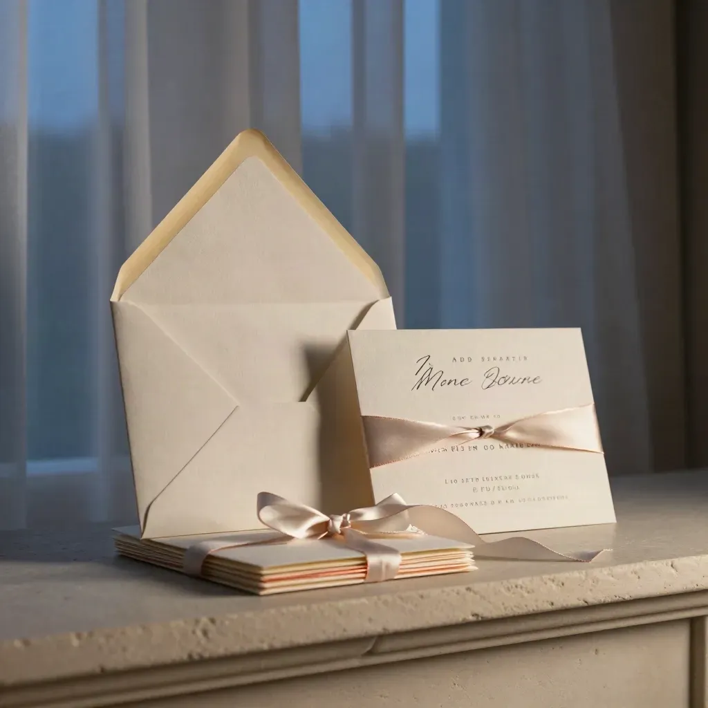 Wedding invitation suite on a pale stone mantle at blue dusk, silk ribbon and copper accents.