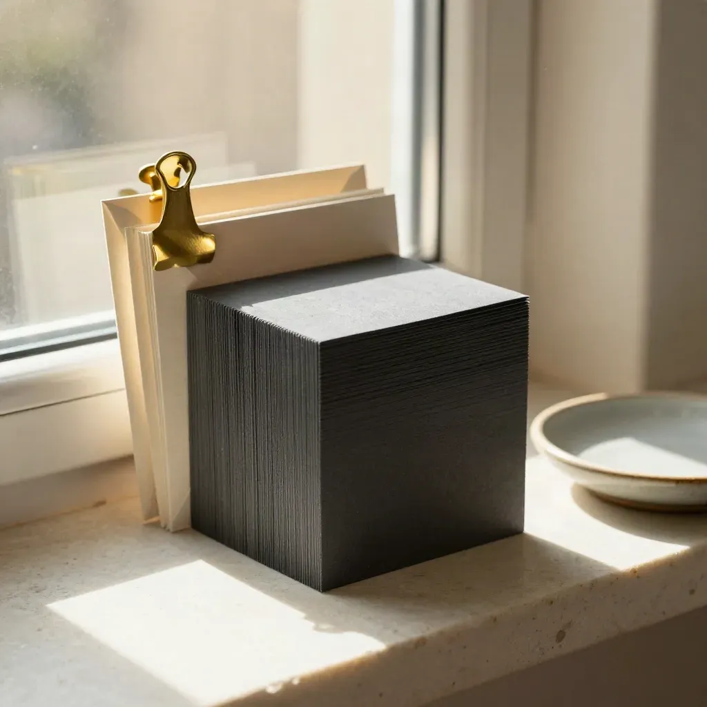 Charcoal folded note cards with ivory envelopes and a brass clip beside a ceramic dish.