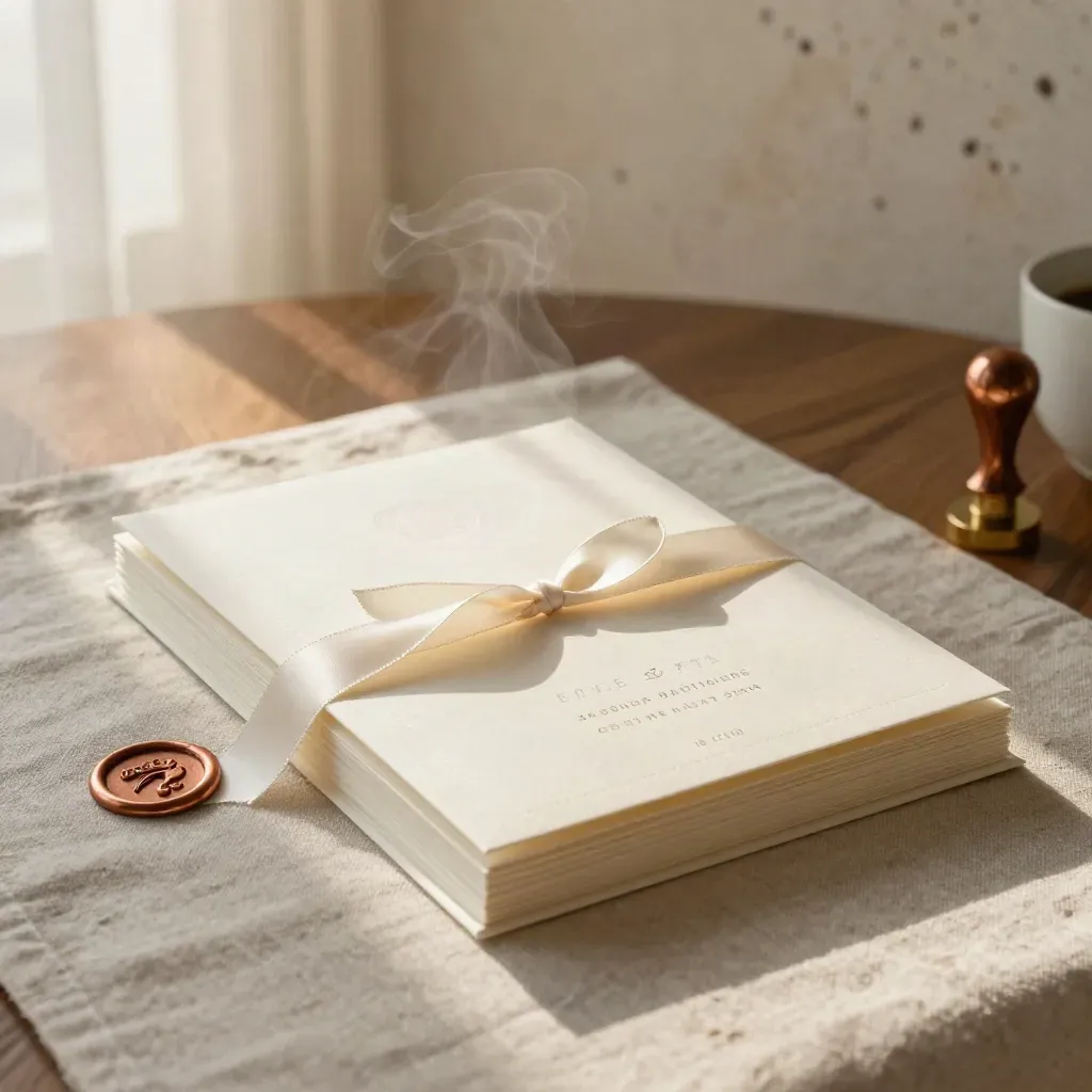 Save-the-date cards with RSVP insert and ribbon on a linen table in a hotel suite at sunrise.