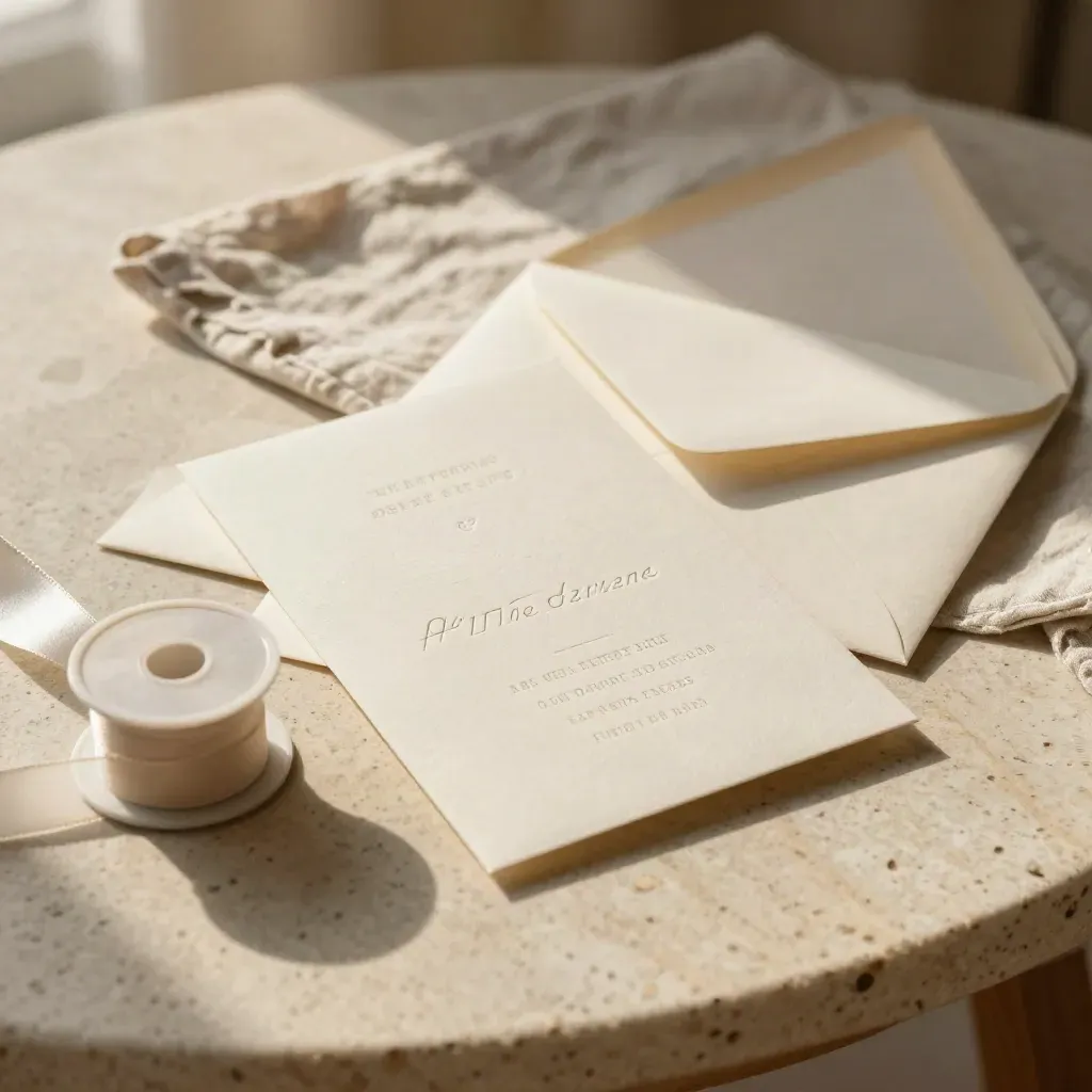 Wedding invitation suite with RSVP and detail cards beside an ivory ribbon spool on pale stone.