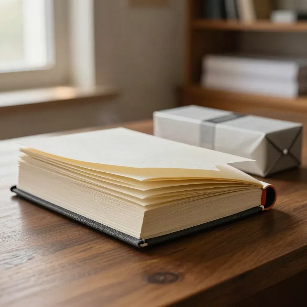 Notebook refill pages sliding into an open charcoal cover on a walnut counter.