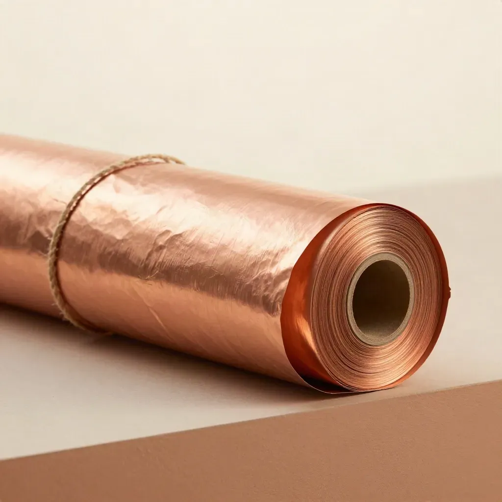 Copper wrapping paper folds around a parcel with twine on a pale terracotta ledge.