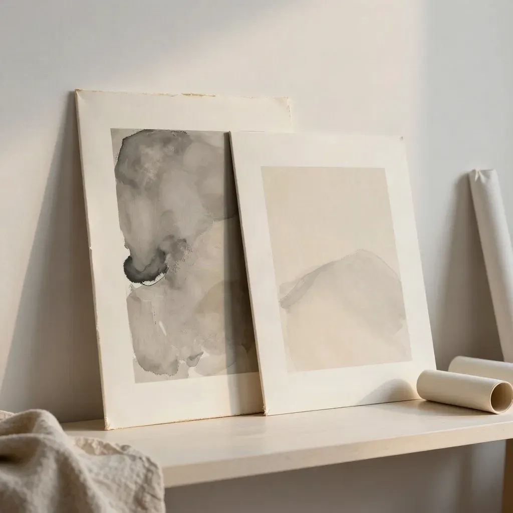 Two abstract art prints lean on a studio ledge beside a rolled tube in soft daylight.
