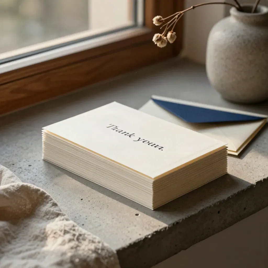 Thank-you cards, indigo-lined envelopes, and a dried branch on a sunlit concrete ledge