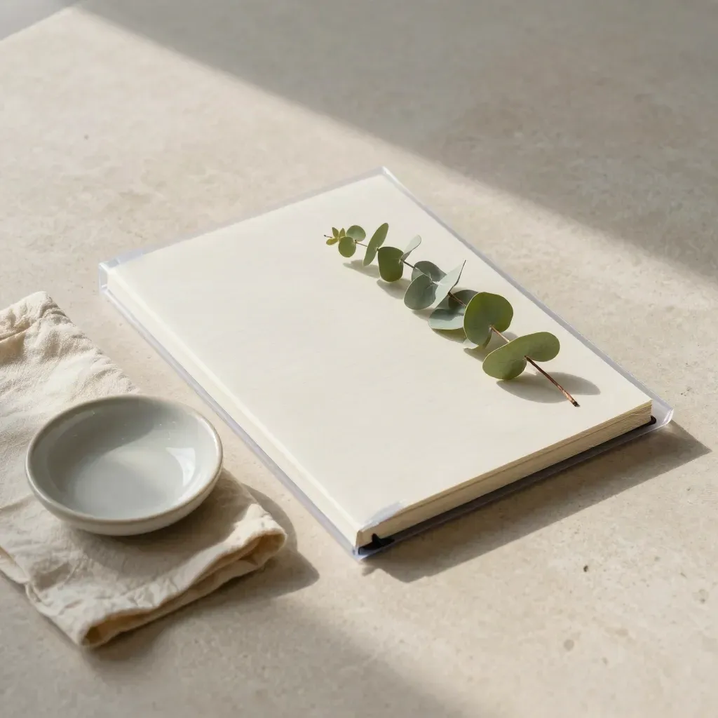 Overhead still life of a sleeved archival notebook with cloth, dish, and eucalyptus on stone.
