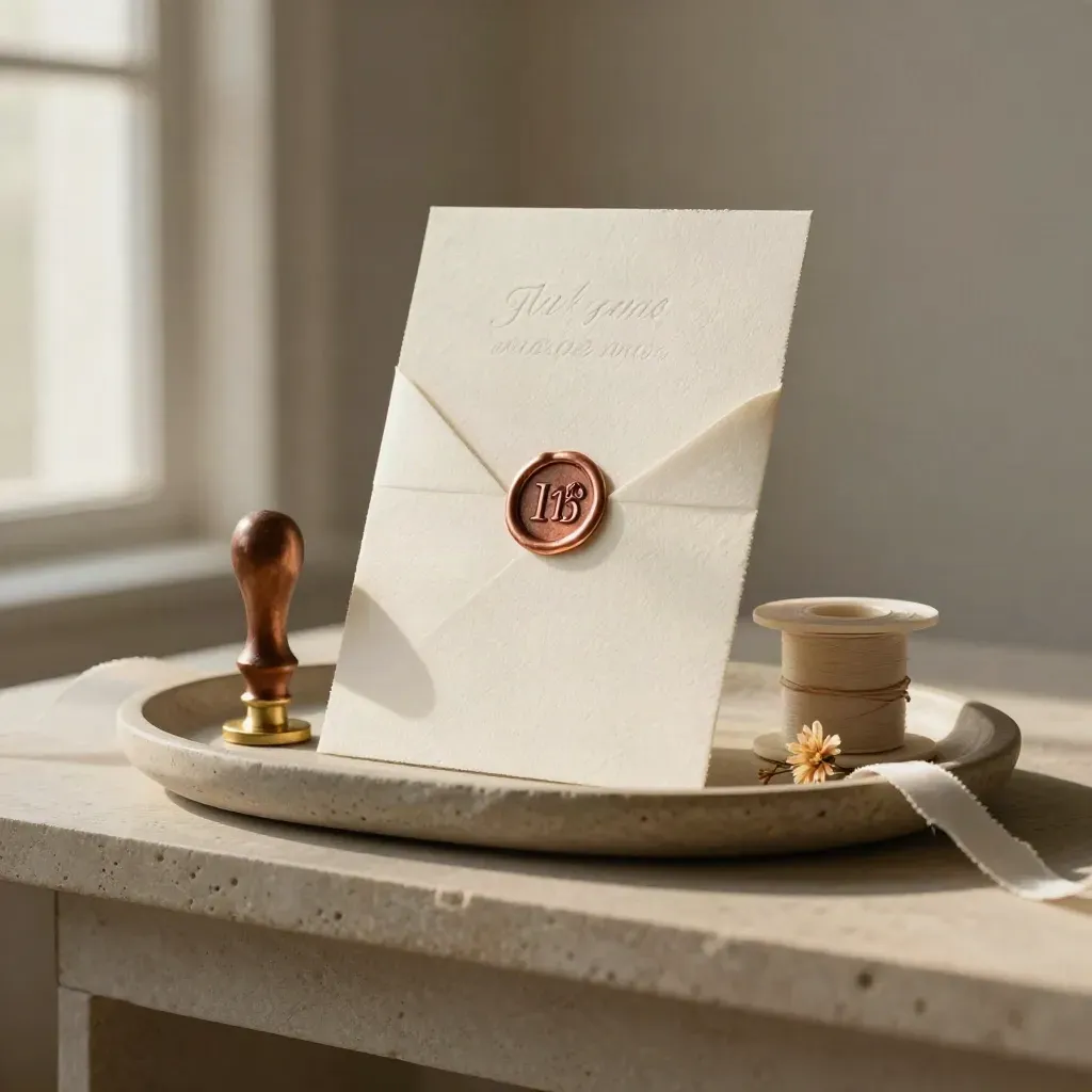 Wedding invitation suite with copper wax seal, ribbon spool, and dried blossom on a stone shelf.