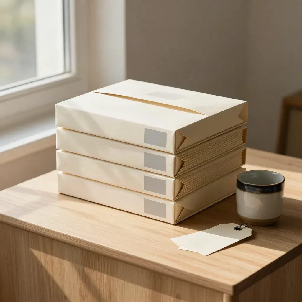 Mailer boxes and tissue beside a ceramic cup on a pale packing desk in soft morning light.