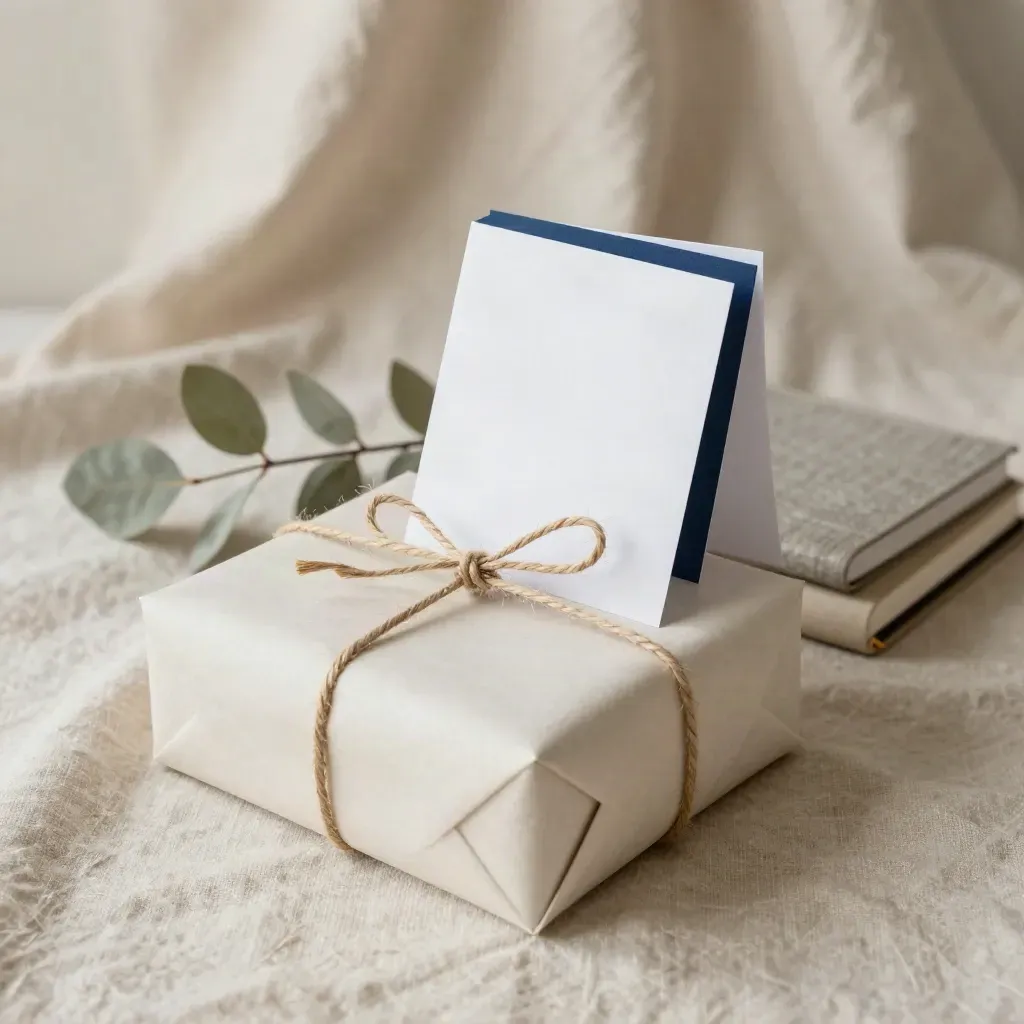 Gift box, notebook and folded card on linen with a small branch in soft daylight.