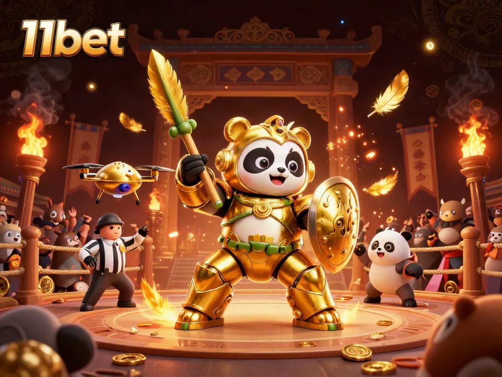 Experience the excitement of 11bet with a golden panda piloting a robot in an animated casino arena.