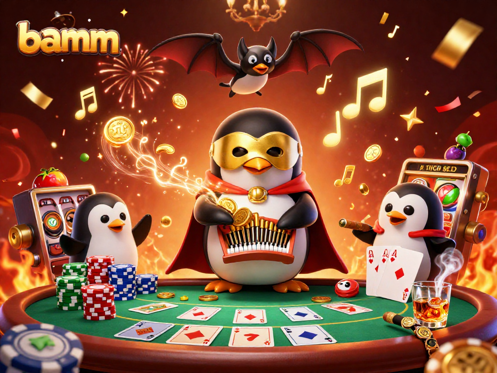 Engage with bamm's thrilling casino scene featuring a penguin playing while golden coins fly around.