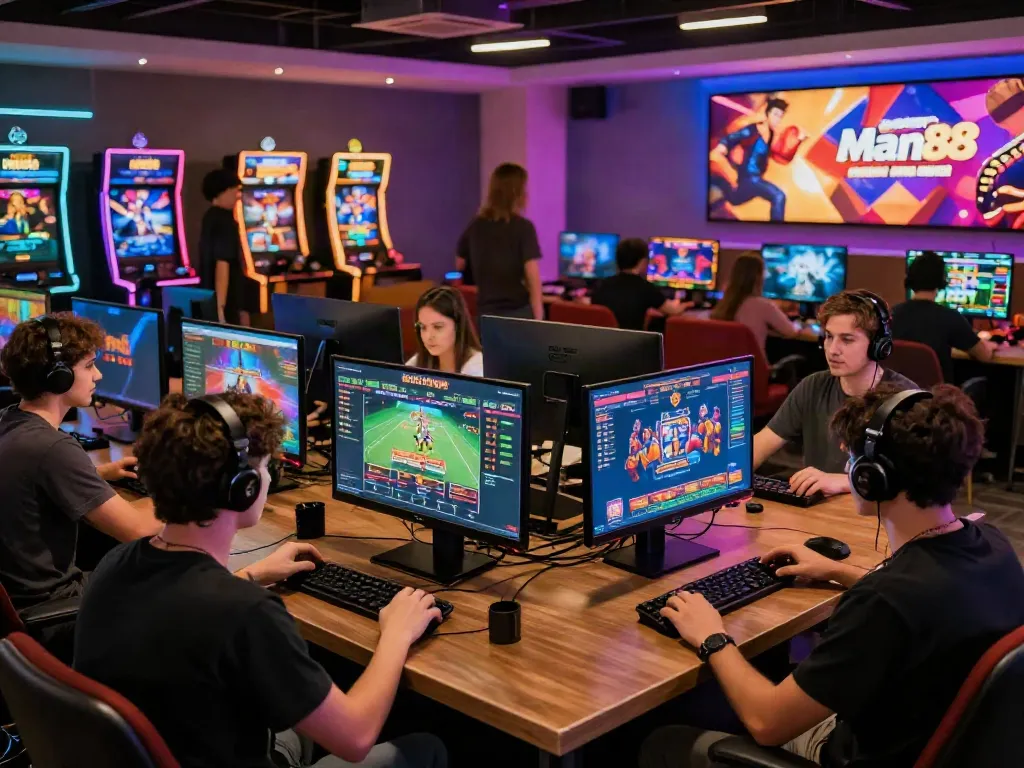 Online gaming excitement at https://man88pro.com/ with players exploring diverse gaming options in a vibrant lounge atmosphere.