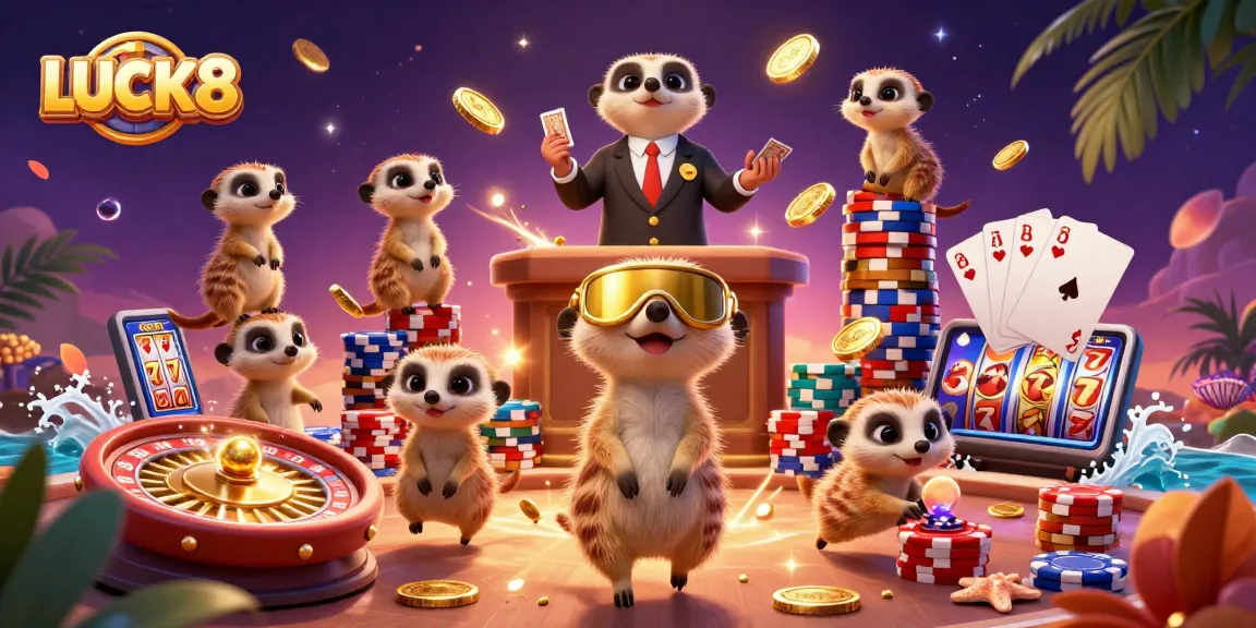 Experience the thrill of LUCK8 with playful meerkats managing a vibrant casino in a dynamic, colorful scene.