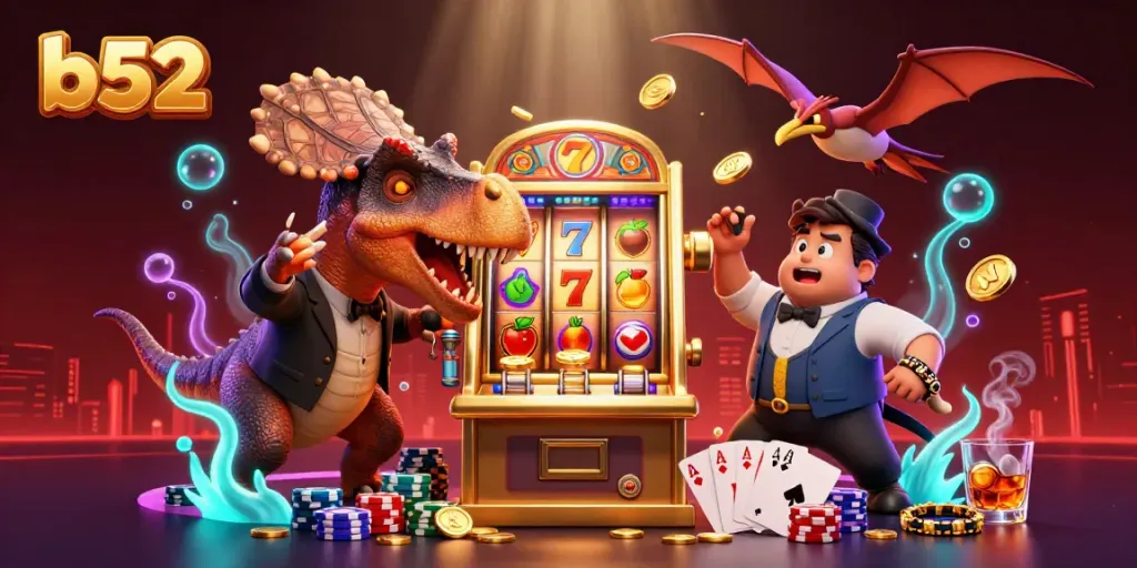 Engaging b52 casino scene with cartoon dinosaurs and vibrant slot winnings in a dynamic environment.