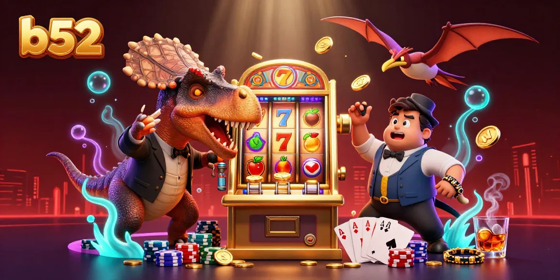 Engaging b52 casino scene with cartoon dinosaurs and vibrant slot winnings in a dynamic environment.