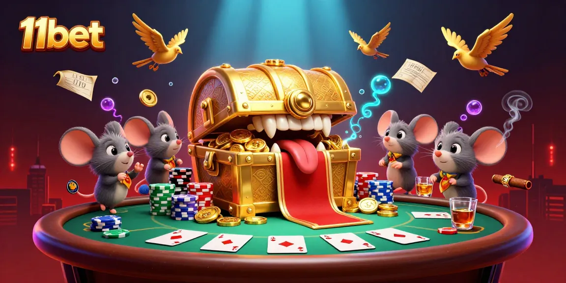 Engage with 11bet's vibrant casino world, featuring a golden treasure chest and poker action.