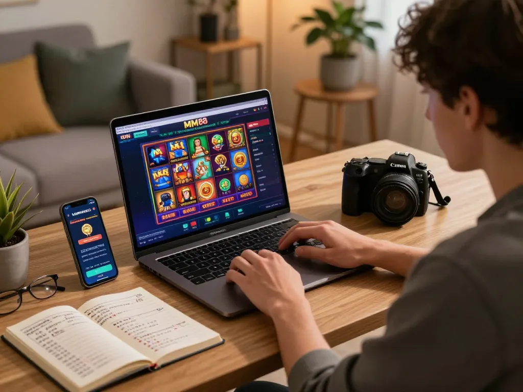 Engaged player exploring exciting MM88 online casino slots on laptop at home, surrounded by betting strategy notes.