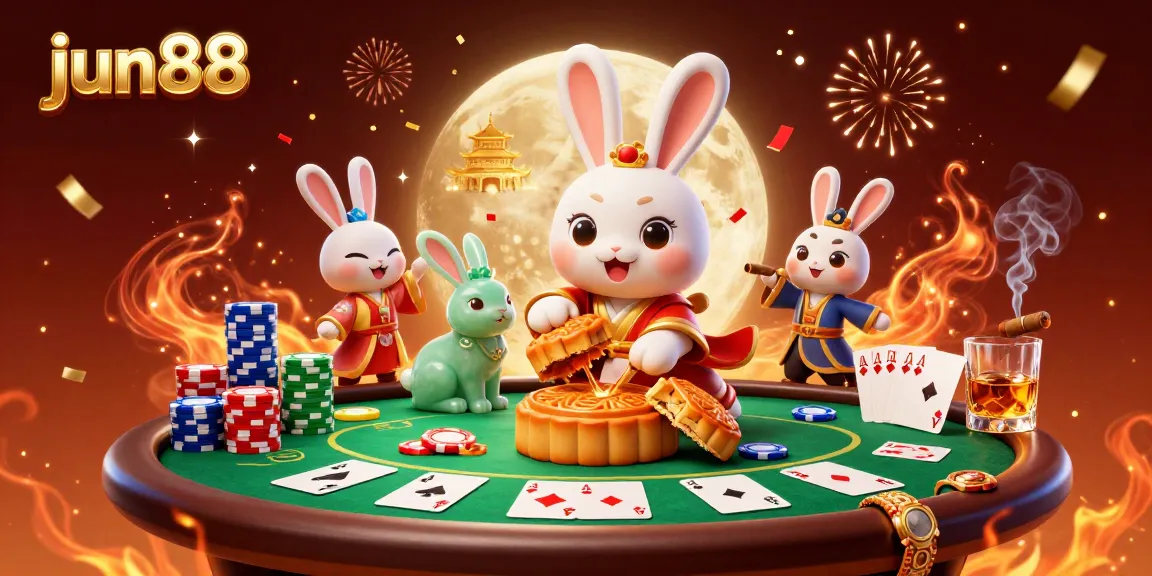Engage with the thrilling world of jun88, where a moon rabbit celebrates with poker chips and golden mooncakes.