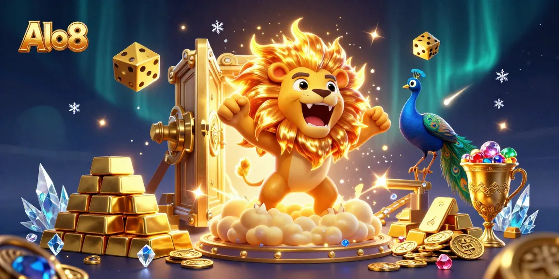 Alo8 captivates players with vibrant 3D casino illustration showcasing roaring lion and golden treasures.