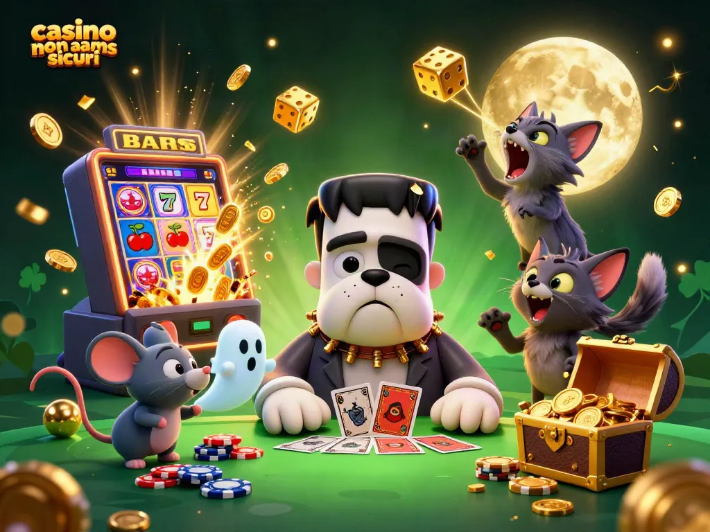 Gioca ai migliori casino non AAMS sicuri con un bulldog e un topo fantasma in un ambiente vivace.