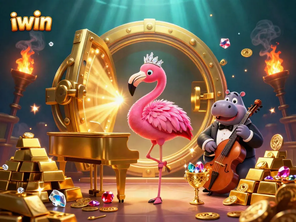 Join the fun with iwin as vibrant casino characters celebrate amidst treasure-filled scenes.