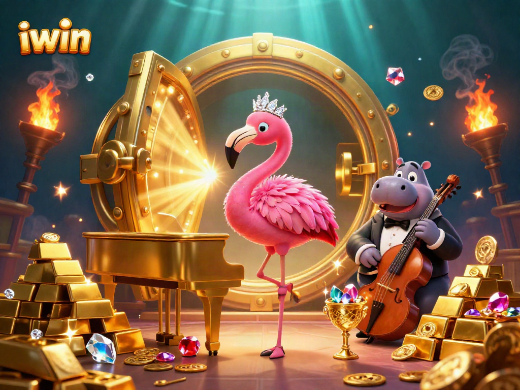 Join the fun with iwin as vibrant casino characters celebrate amidst treasure-filled scenes.